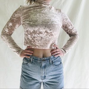 Pale pink crushed velvet cropped turtleneck